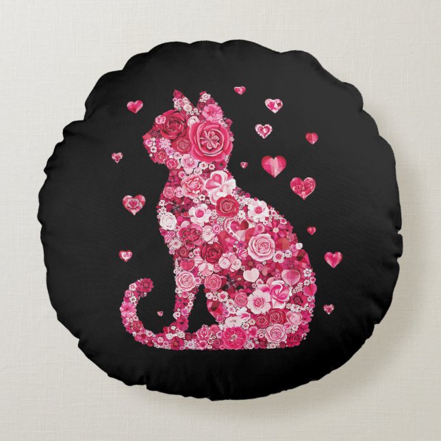 Blommigt Cat Silhouette ArtFaux Wrapped Canvas Skr Rund Kudde (Framsidan)