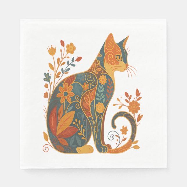 Blommigt Cat Silhouette - Färgfull Vintage botanis Pappersservett (Framsidan)