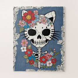 Blommigt Cat Skeleton med Snöre och Denim Pussel