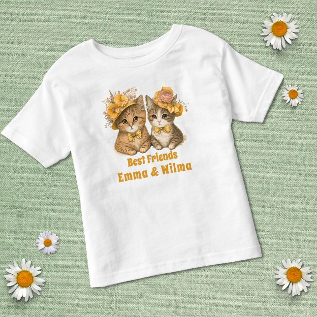 Blommigt Cats Gult med bästa vänner Whimsical Cute T Shirt (Skapare uppladdad)