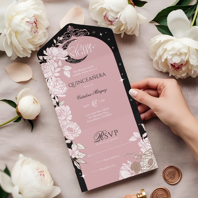 Blommigt Celestial Måne (Starry Night Quinceanera Floral Celestial Moon All In One Invitation)