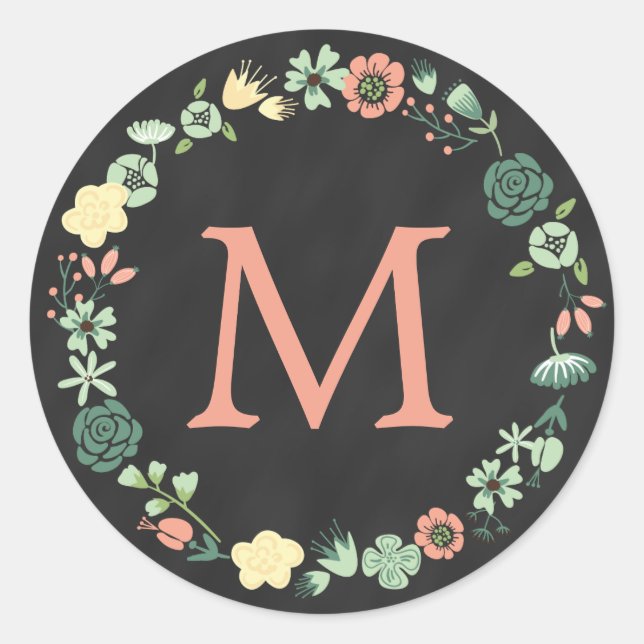 BLOMMIGT CHALKBOARD MONOGRAM RUNT KLISTERMÄRKE (Framsida)