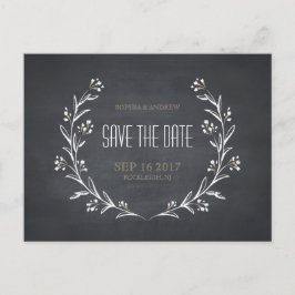 Blommigt chalkboard rustic bröllop spara datum meddelande vykort