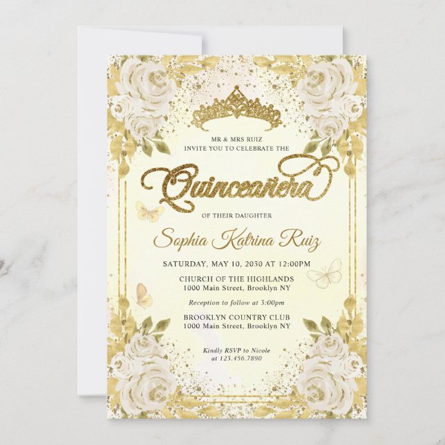 Blommigt Champagne Guld Glitter Krona Quinceañera Inbjudningar (Framsida)