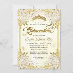 Blommigt Champagne Guld Glitter Krona Quinceañera Inbjudningar