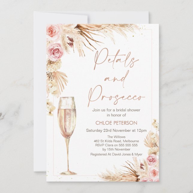 Blommigt Champagne Petals Prosecco Möhippa Inbjudningar (Framsida)