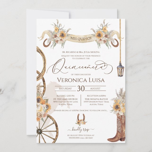Blommigt Charro Solros Land Rustic Quinceanera Inbjudningar (Framsida)