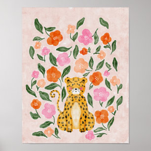 Blommigt Cheetah: Charming Watercolor Poster