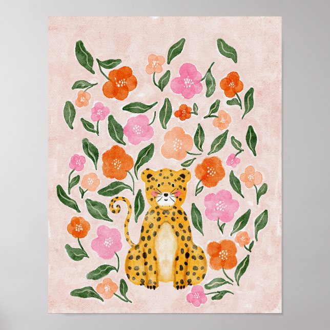 Blommigt Cheetah: Charming Watercolor Poster (Framsidan)