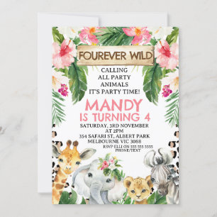 Blommigt Cheetah Print Fourever Vild 4e födelsedag Inbjudningar