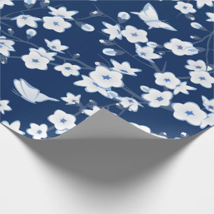 Blommigt Cherry Blommar Butterflies Navy Blue Whit Presentpapper