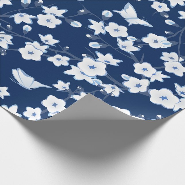 Blommigt Cherry Blommar Butterflies Navy Blue Whit Presentpapper (Hörn)
