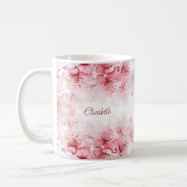 Blommigt Cherry Blommar Ditt namn Monogram Mugg (Vänster)