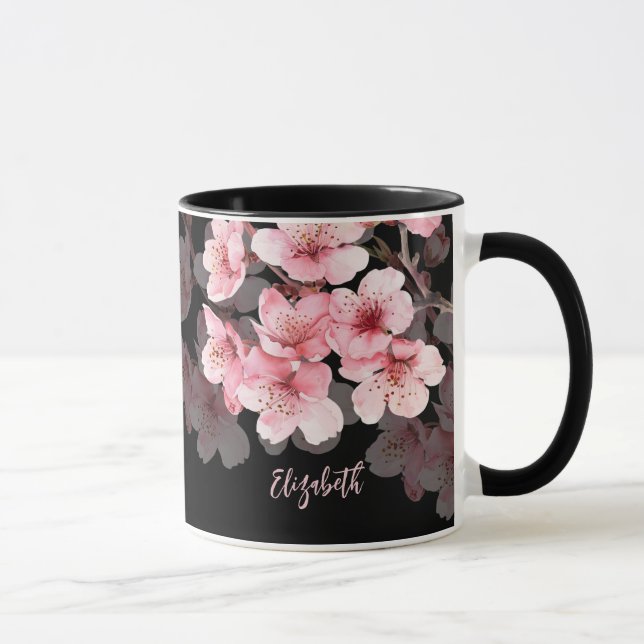 Blommigt Cherry Blommar Ditt namn Monogram Mugg (Höger)