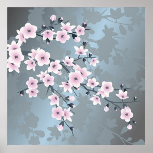 Blommigt Cherry Blommar Dusty Rosa Blue Poster