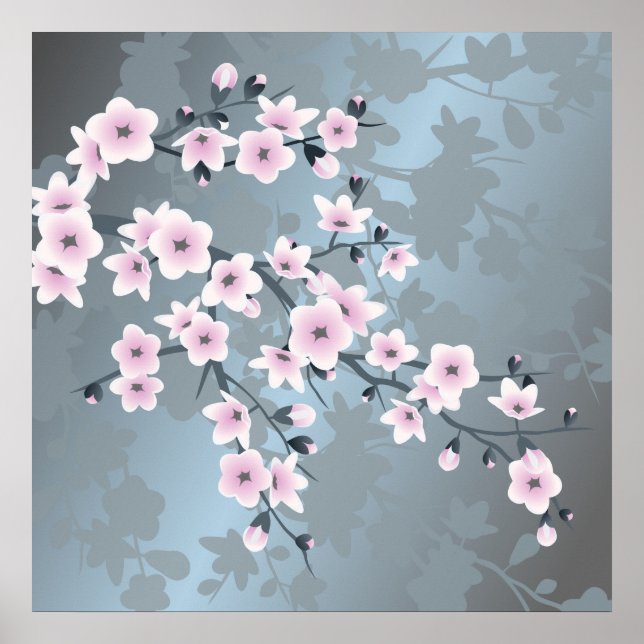 Blommigt Cherry Blommar Dusty Rosa Blue Poster (Framsidan)