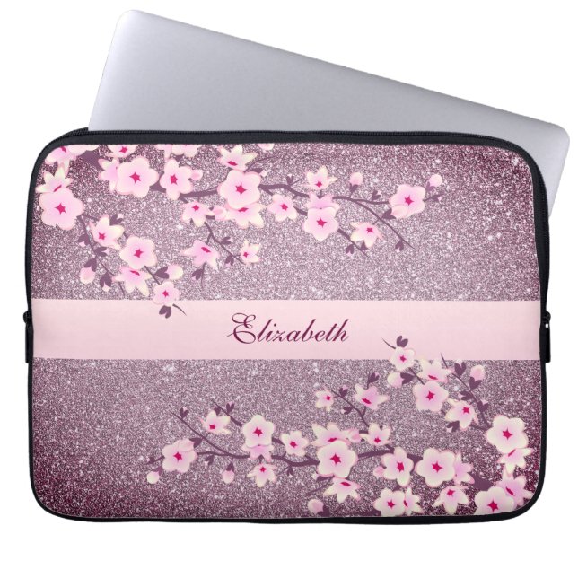 Blommigt Cherry Blommar Mauve Bling Monogram  Laptop Fodral (Framsidan)