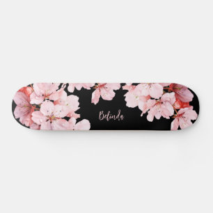Blommigt Cherry Blommar Monogram Black Rosa Girly Mini Skateboard Bräda 18,5 Cm