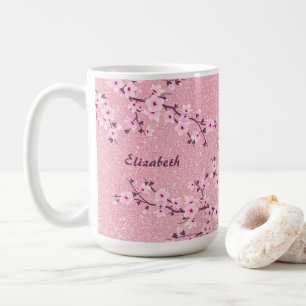 Blommigt Cherry Blommar Monogram Rosa Glitter kaff Kaffemugg
