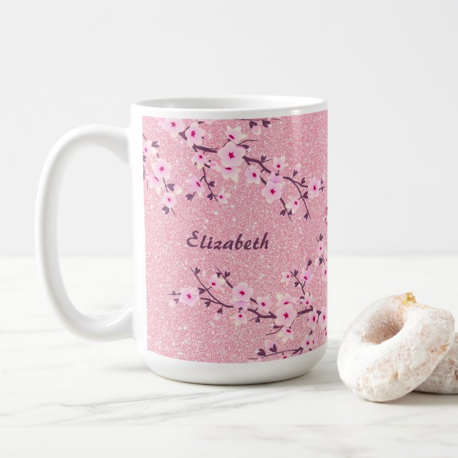 Blommigt Cherry Blommar Monogram Rosa Glitter kaff Kaffemugg (Med munk)