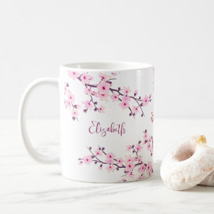 Blommigt Cherry Blommar Monogram Rosa White Kaffemugg