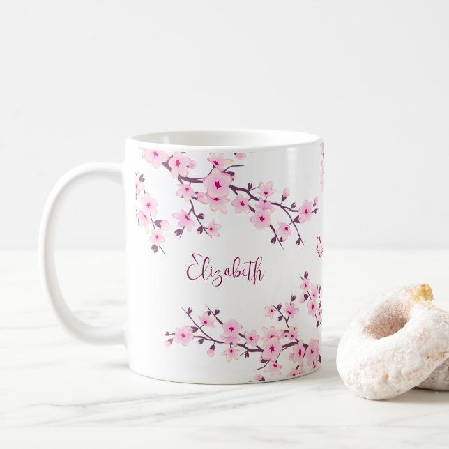 Blommigt Cherry Blommar Monogram Rosa White Kaffemugg (Med munk)