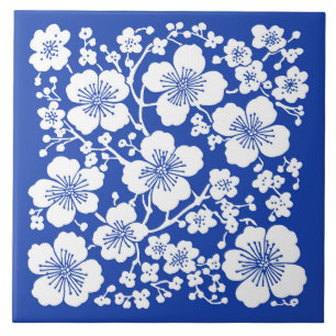 Blommigt Cherry Blommar Mönster Blue Kakelplatta