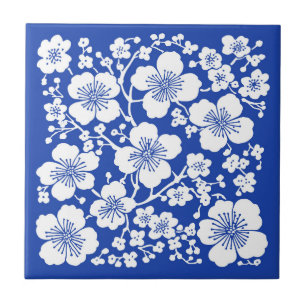 Blommigt Cherry Blommar Mönster Blue Kakelplatta