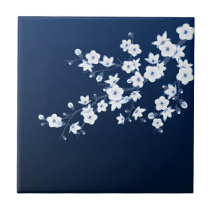 Blommigt Cherry Blommar Navy Blue White Kakelplatta