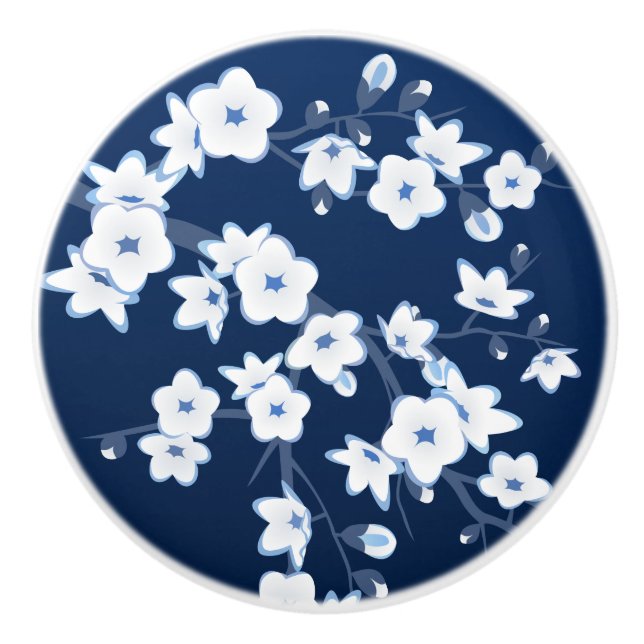 Blommigt Cherry Blommar Navy Blue White Knopp (Framsidan)