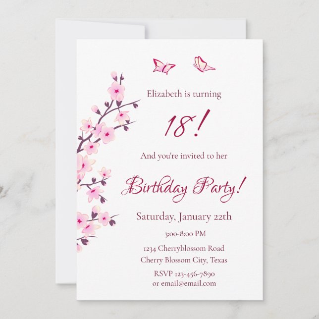 Blommigt Cherry Blommar Rosa Birthday Inbjudningar (Framsida)