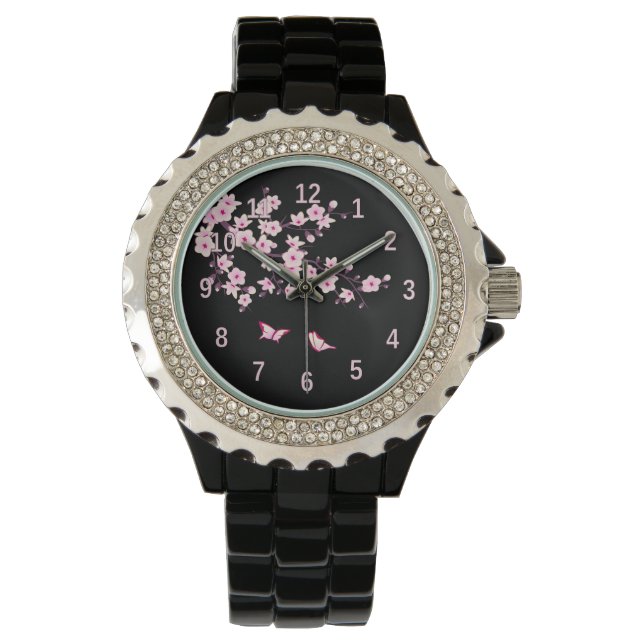 Blommigt Cherry Blommar Rosa Black Armbandsur (Framsida)