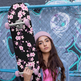 Blommigt Cherry Blommar Rosa Black Girly Mini Skateboard Bräda 18,5 Cm