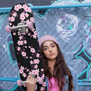 Blommigt Cherry Blommar Rosa Black Girly Mini Skateboard Bräda 18,5 Cm