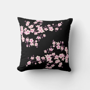 Blommigt Cherry Blommar Rosa Black Kudde