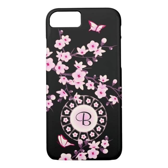 Blommigt Cherry Blommar Rosa Black Monogram Case-Mate iPhone Skal (Baksida)