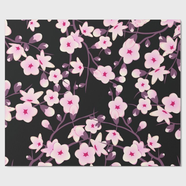 Blommigt Cherry Blommar Rosa Black Presentpapper (Platt)
