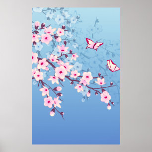 Blommigt Cherry Blommar Rosa Blue Poster