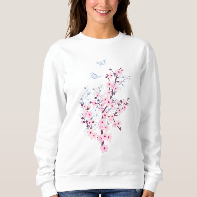 Blommigt Cherry Blommar Rosa Blue T Shirt (Framsida)