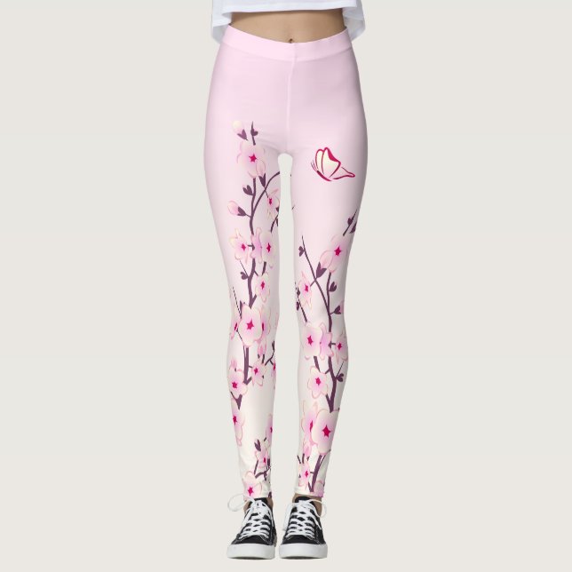 Blommigt Cherry Blommar Rosa Girly Leggings (Framsida)