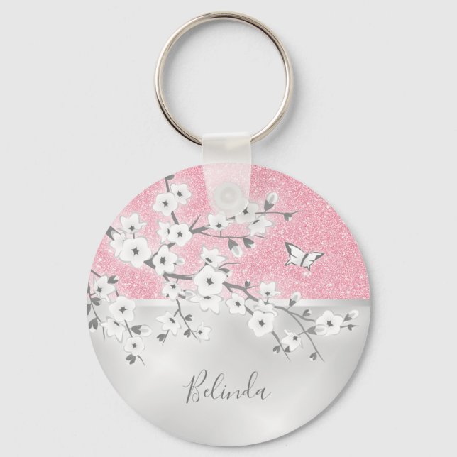 Blommigt Cherry Blommar Rosa Glitter Monogram Nyckelring (Framsida)
