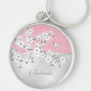 Blommigt Cherry Blommar Rosa Glitter Monogram Rund Silverfärgad Nyckelring