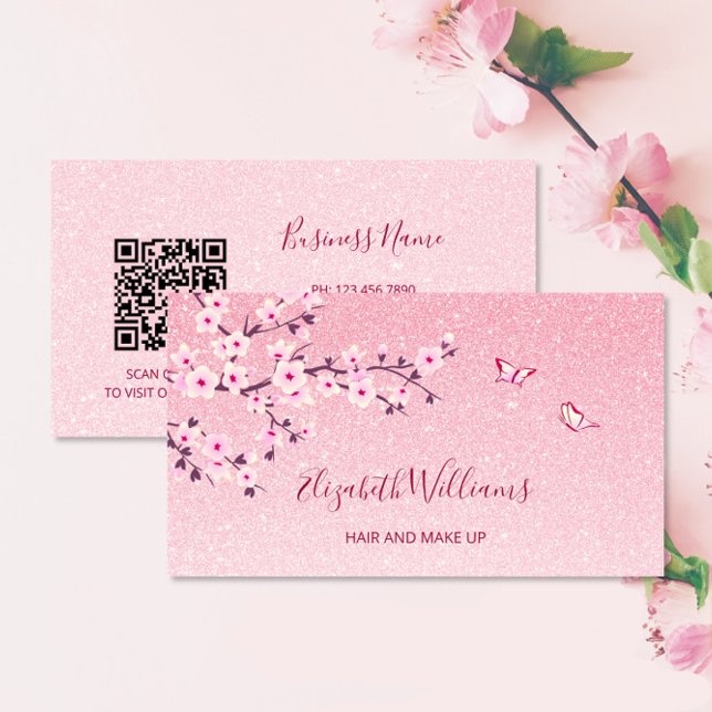 Blommigt Cherry Blommar Rosa Glitter QR-kod Visitkort (Skapare uppladdad)