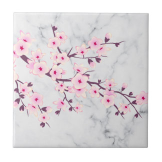 Blommigt Cherry Blommar Rosa Grått Marble Kakelplatta