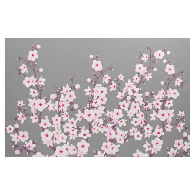 Blommigt Cherry Blommar Rosa Grått Tyg (Yard)