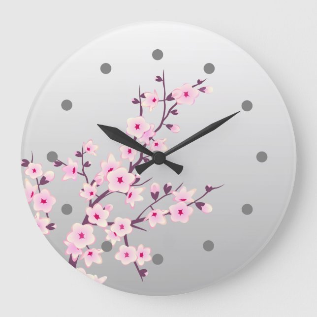 Blommigt Cherry Blommar Rosa Grått Wall Clock Stor Klocka (Framsida)