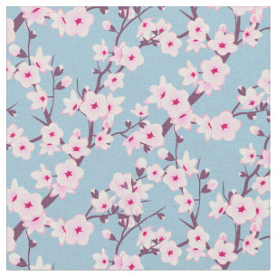 Blommigt Cherry Blommar Rosa Himlar Blue Fabric Tyg