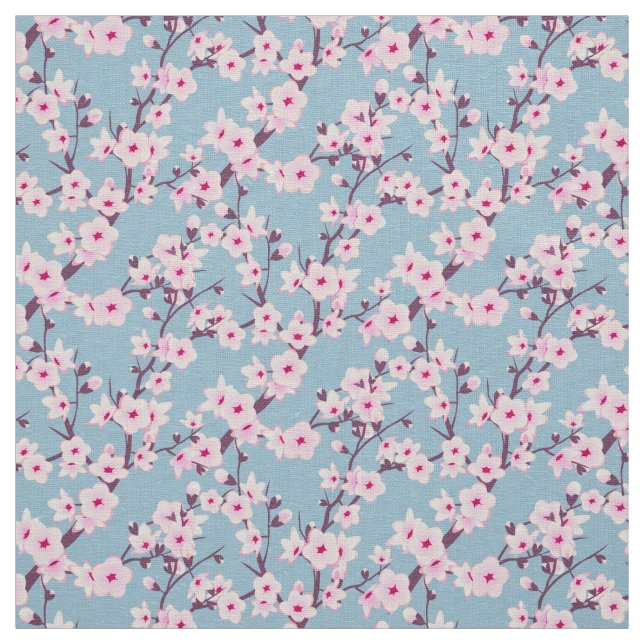 Blommigt Cherry Blommar Rosa Himlar Blue Tyg (Prov)