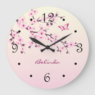 Blommigt Cherry Blommar Rosa Monogram Stor Klocka