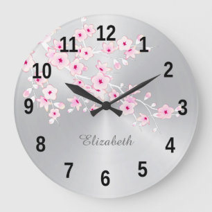 Blommigt Cherry Blommar Rosa Silver Girls Room Nam Stor Klocka